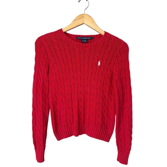 Ralph Lauren Sport Red Cable-Knit 100% Cotton Crewneck Sweater Size S - Picture 2 of 9